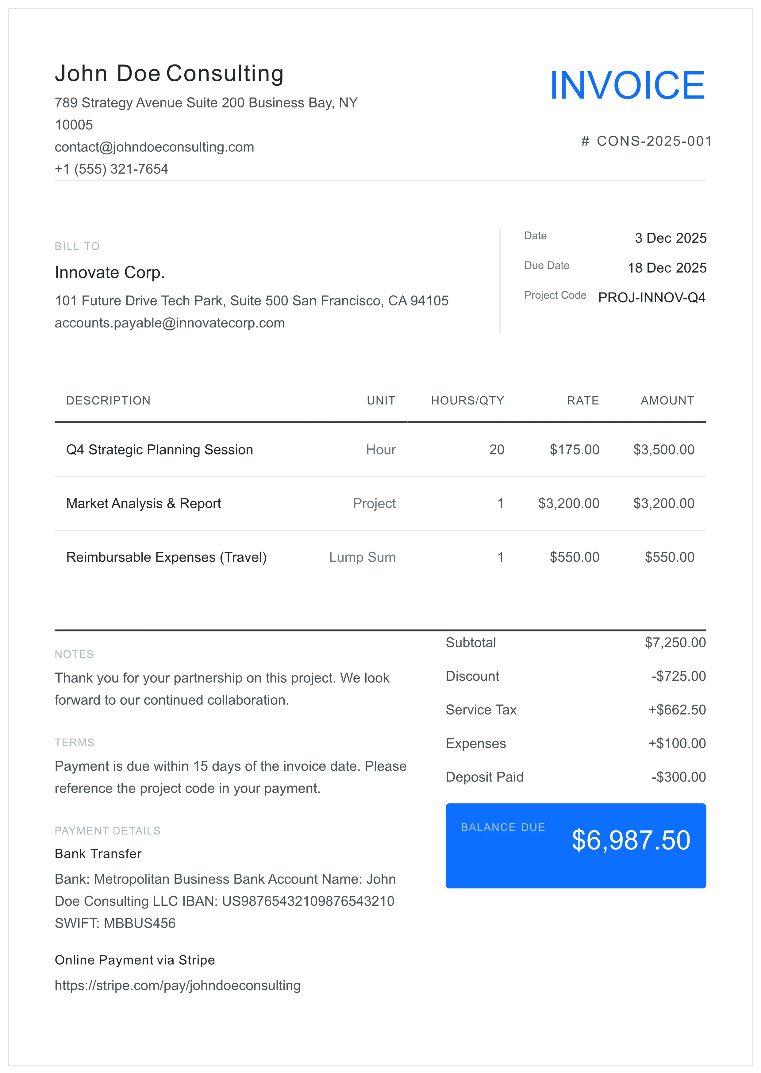 Consulting Invoice Template for professional services