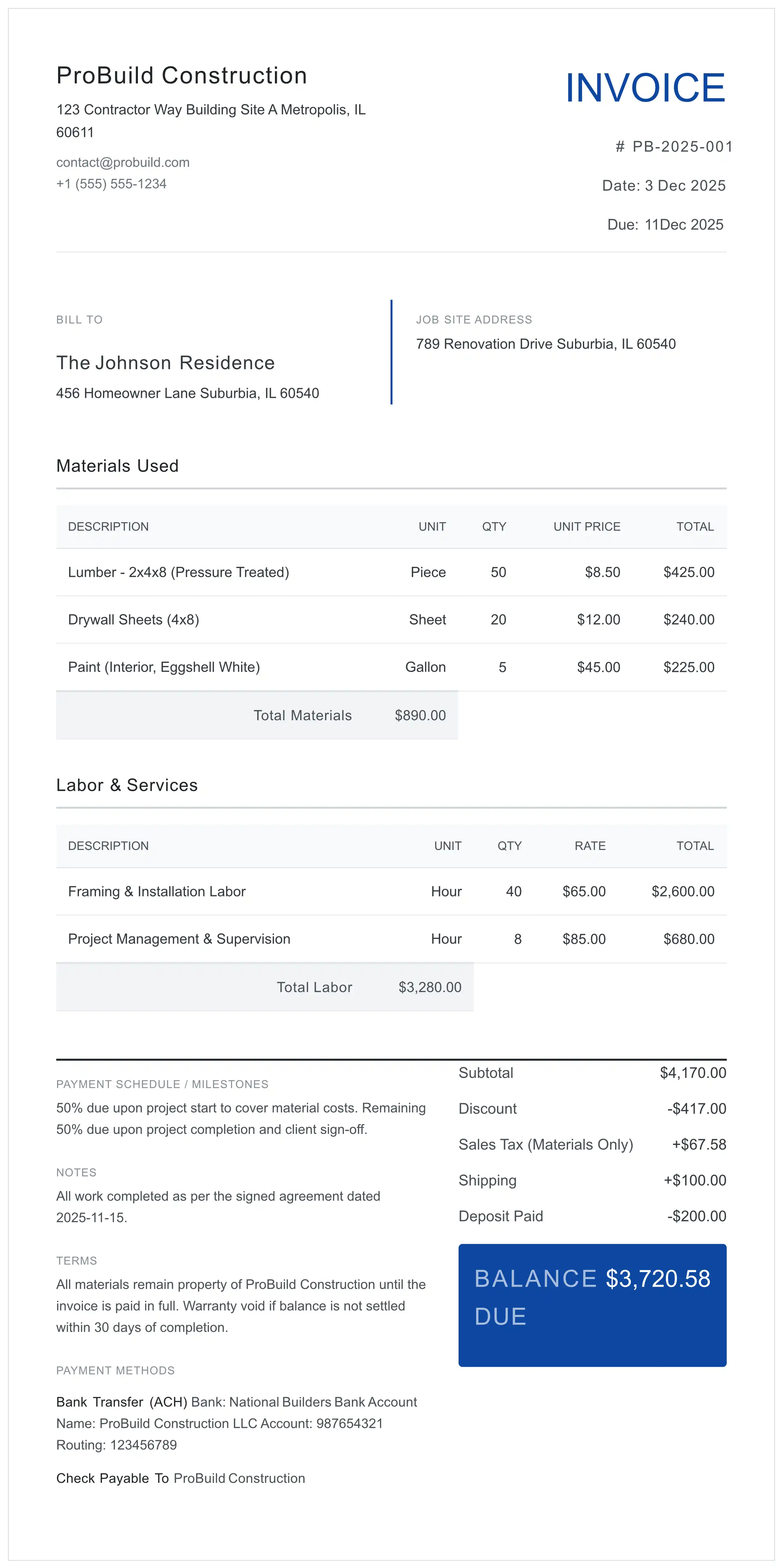 Contractor Invoice Template preview for trade services