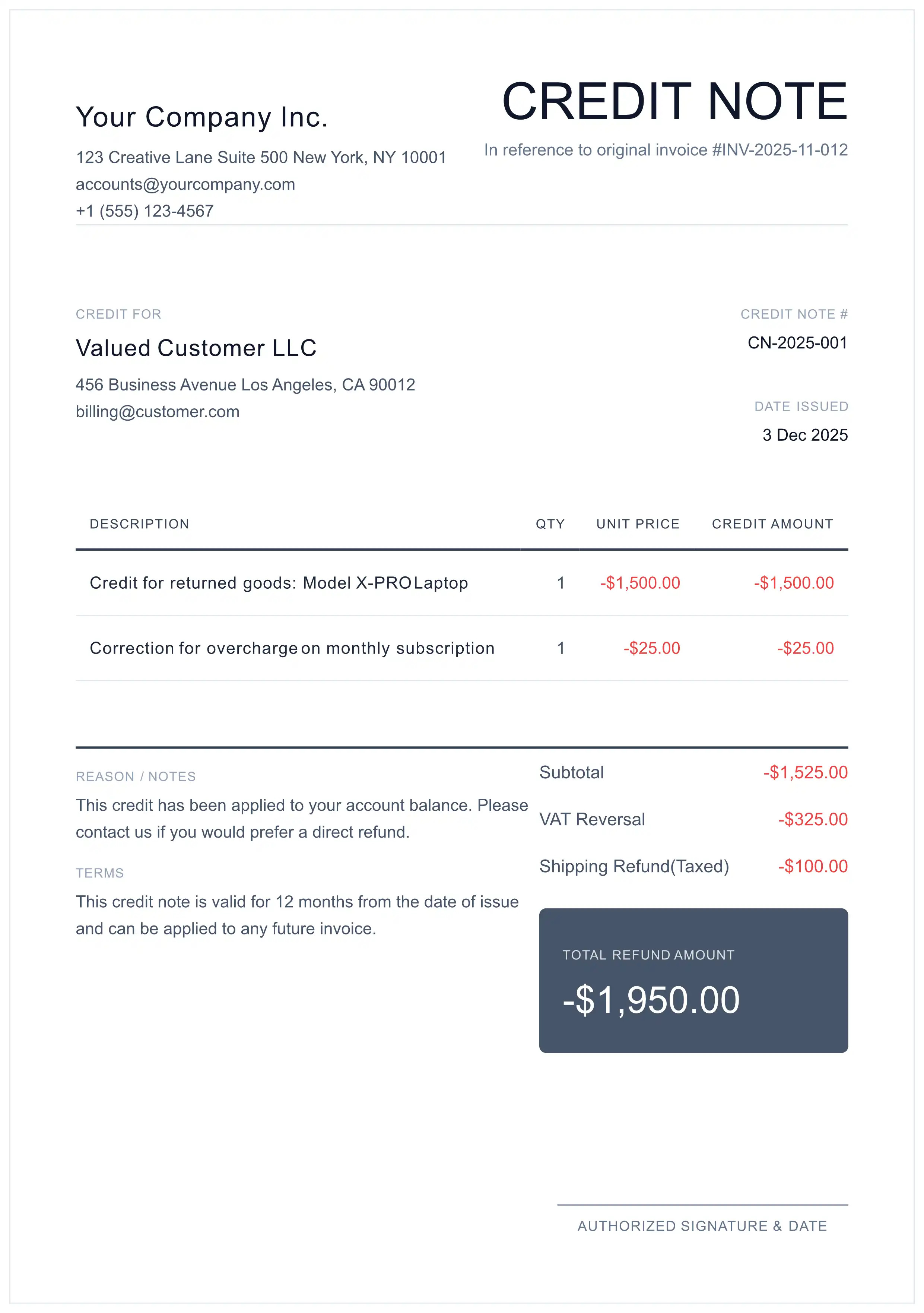 Professional Credit Note / Refund Memo Template preview for PDF export
