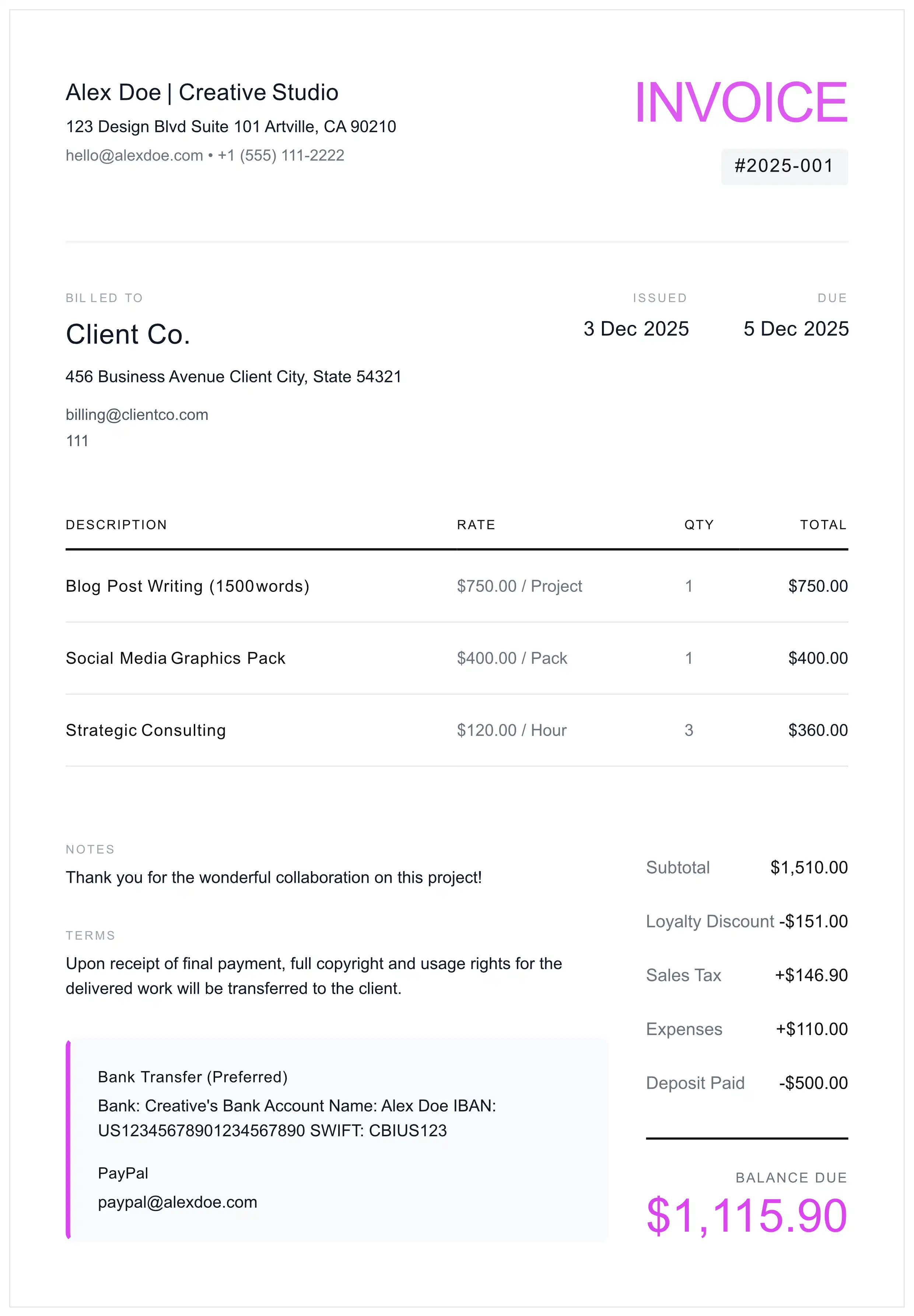 Freelance Creative Invoice Template preview for PDF export