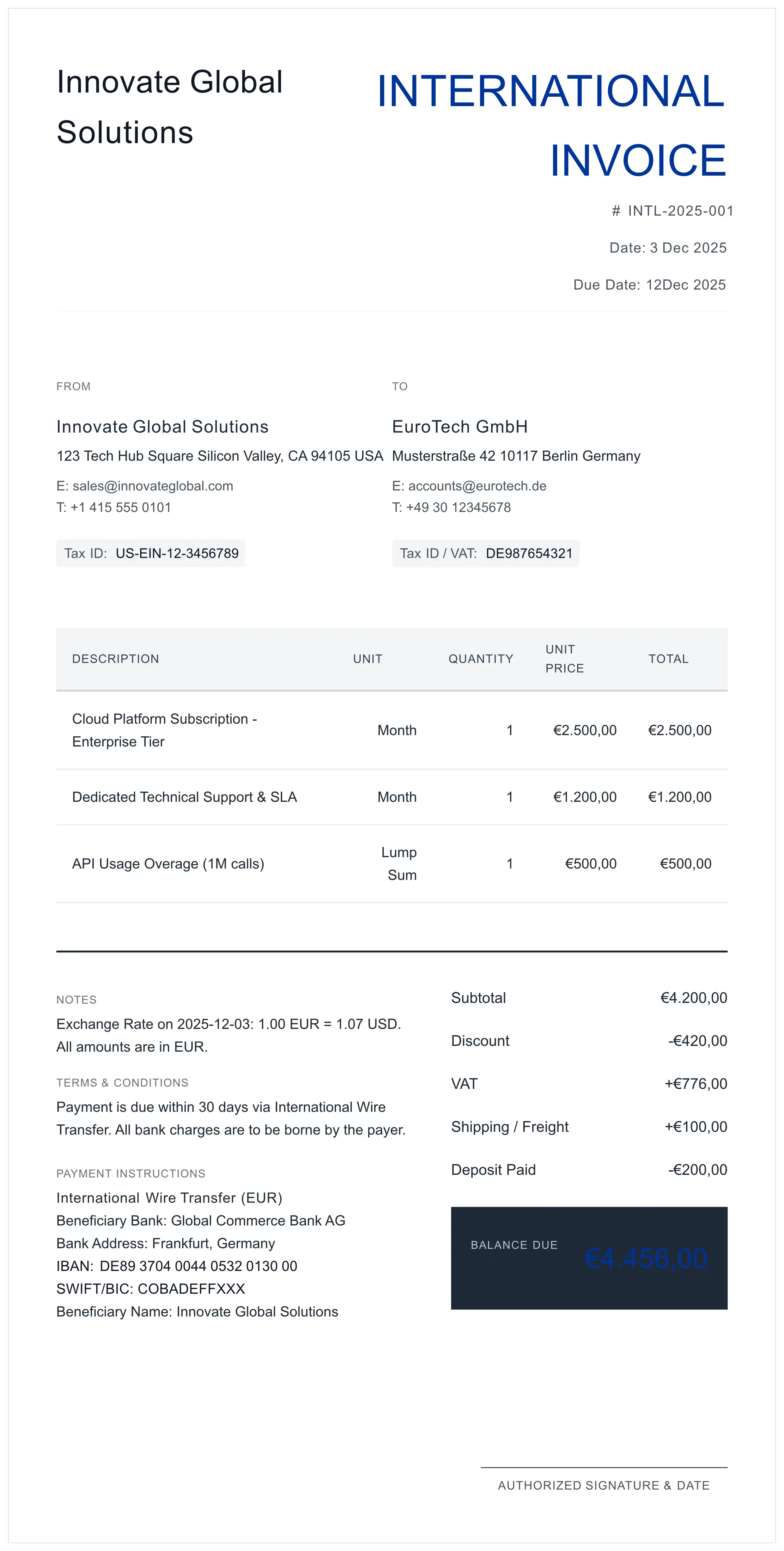 Preview of Multi-Currency Invoice Template for international billing