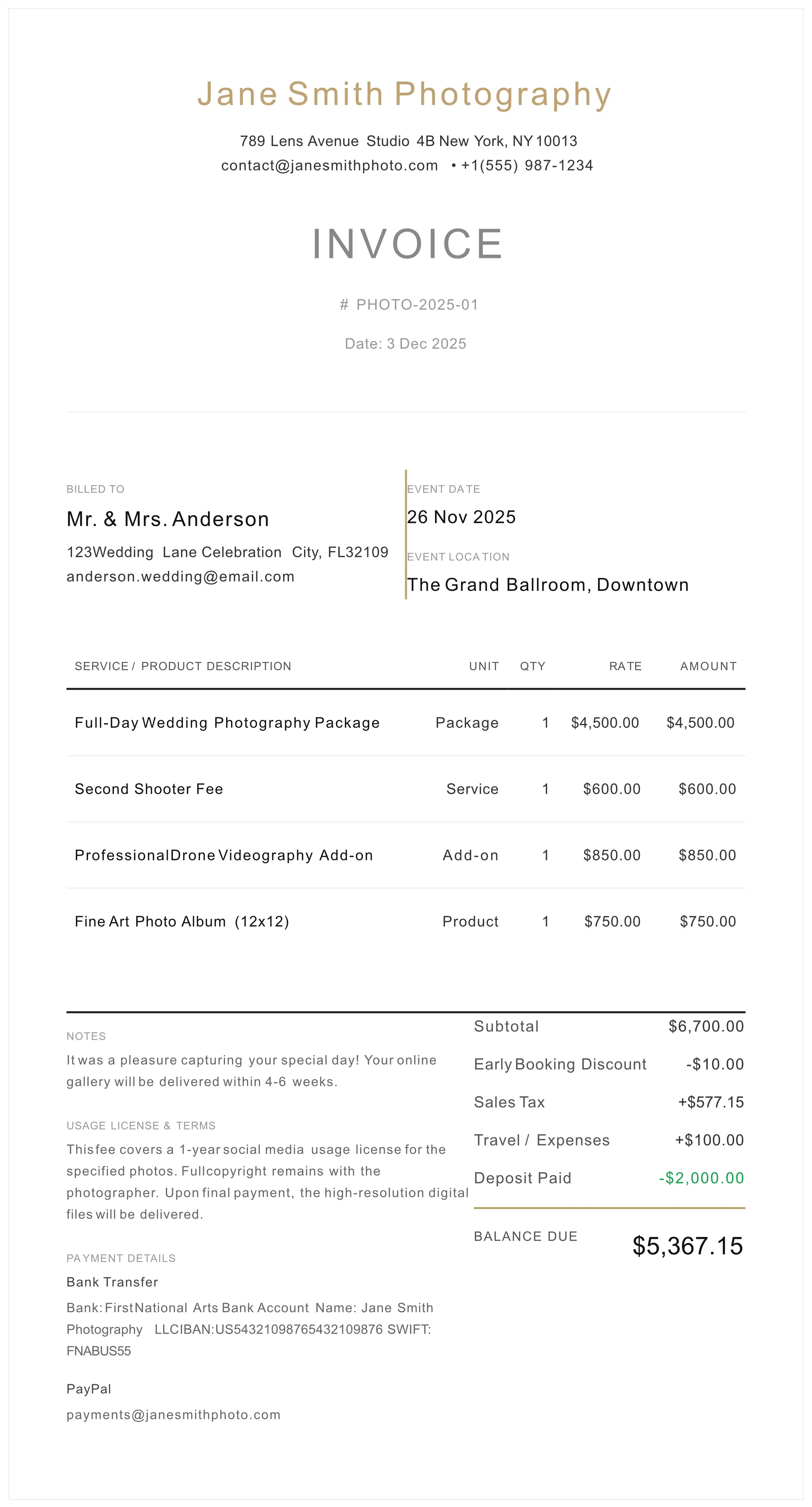 Photography Invoice Template for usage rights and fees