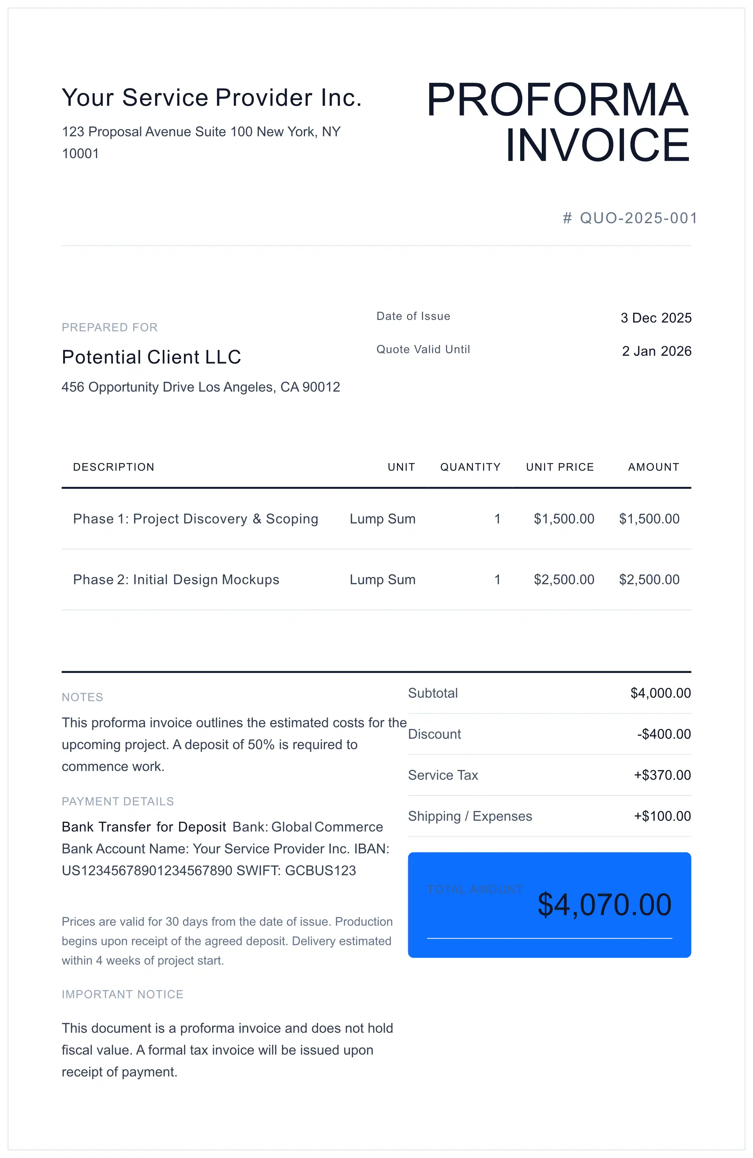 Proforma Invoice Template preview for preliminary quotes