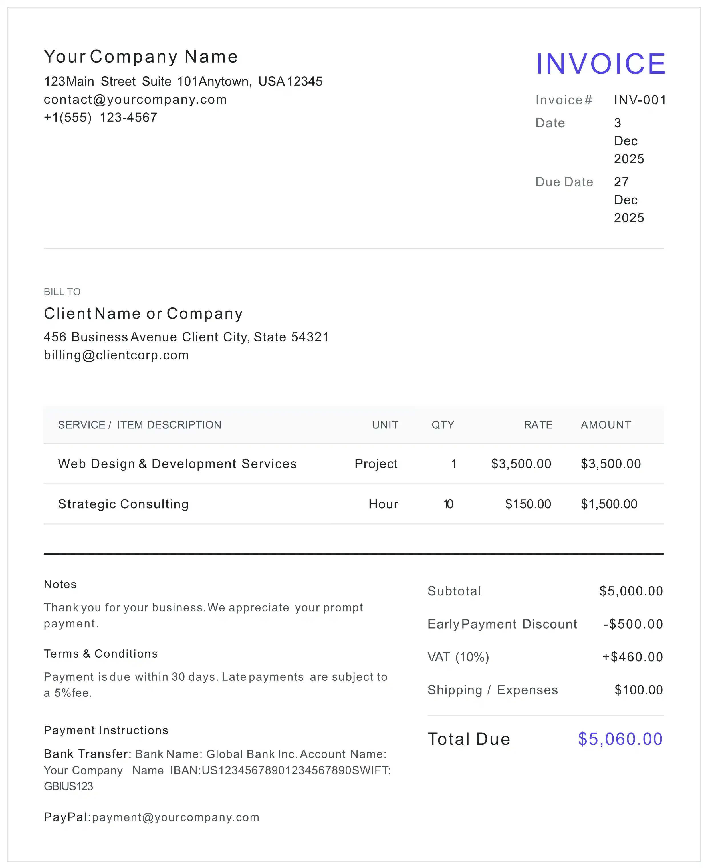 Professional Universal Standard Invoice Template preview for PDF export