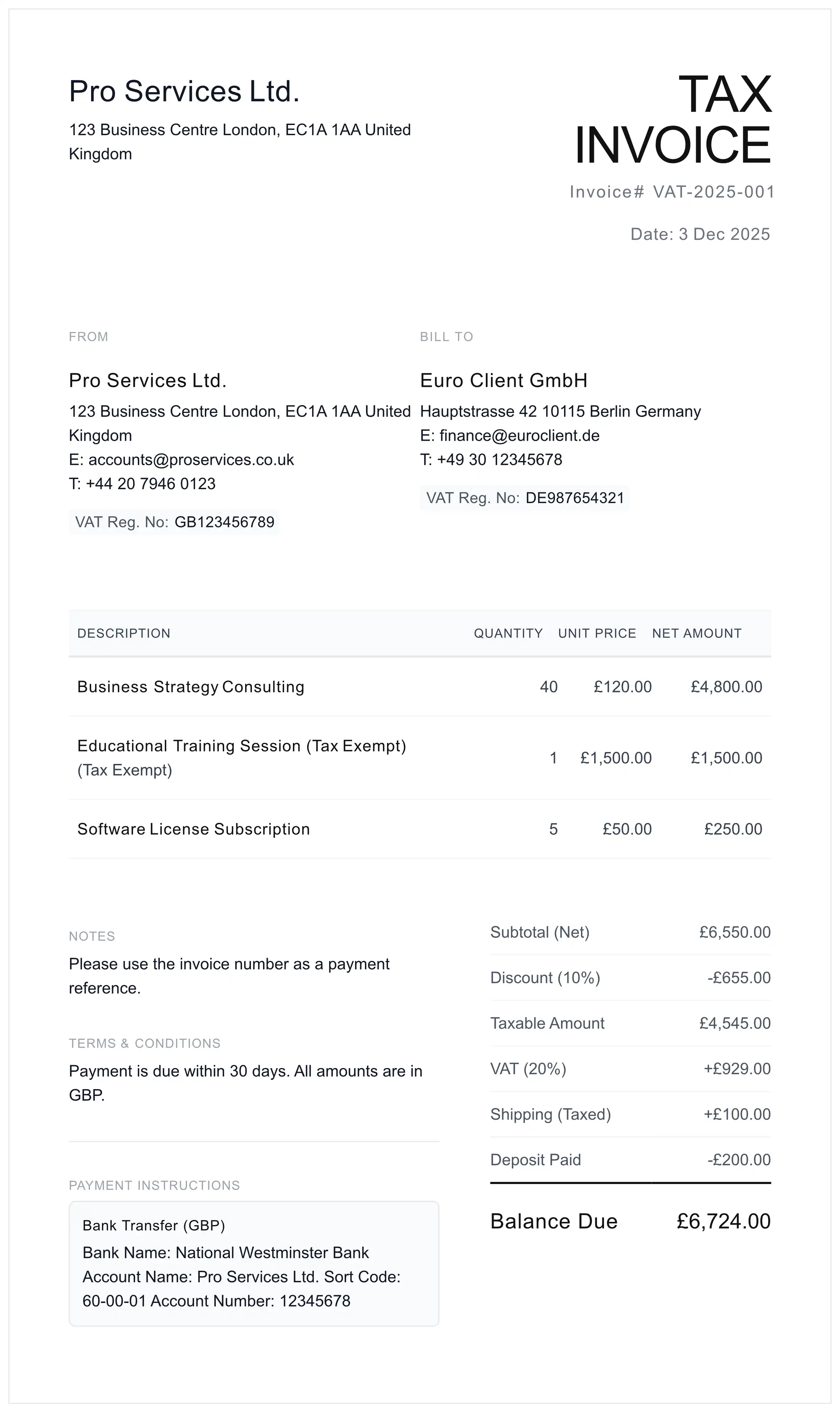 Example of a VAT compliant professional invoice PDF output
