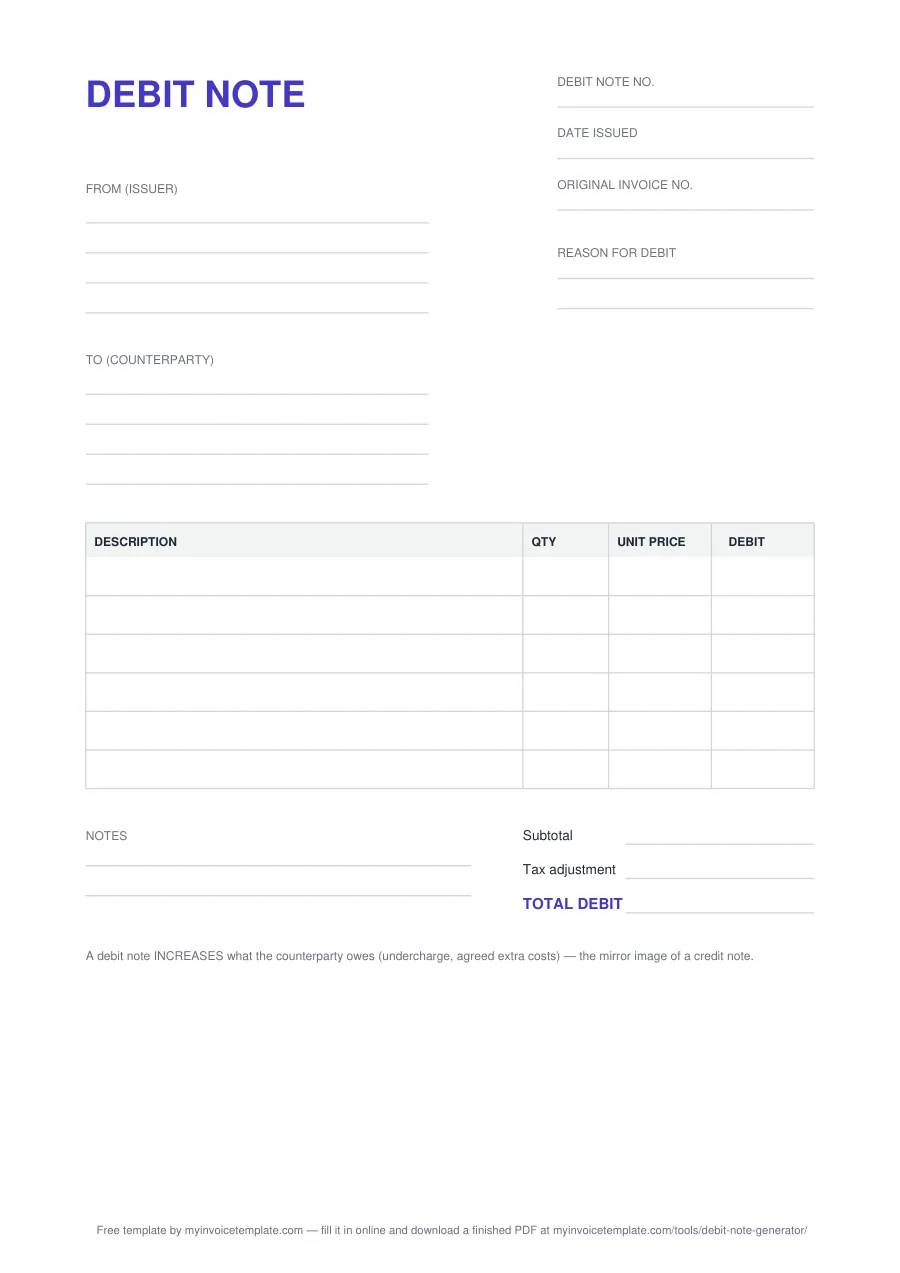 Blank debit note template with numbered markers on each field
