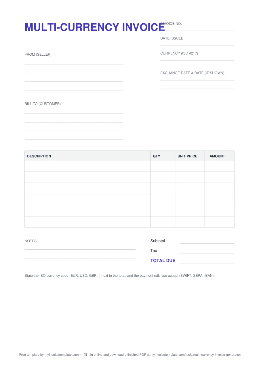 Multi-Currency Invoice Template Preview - Free PDF Download