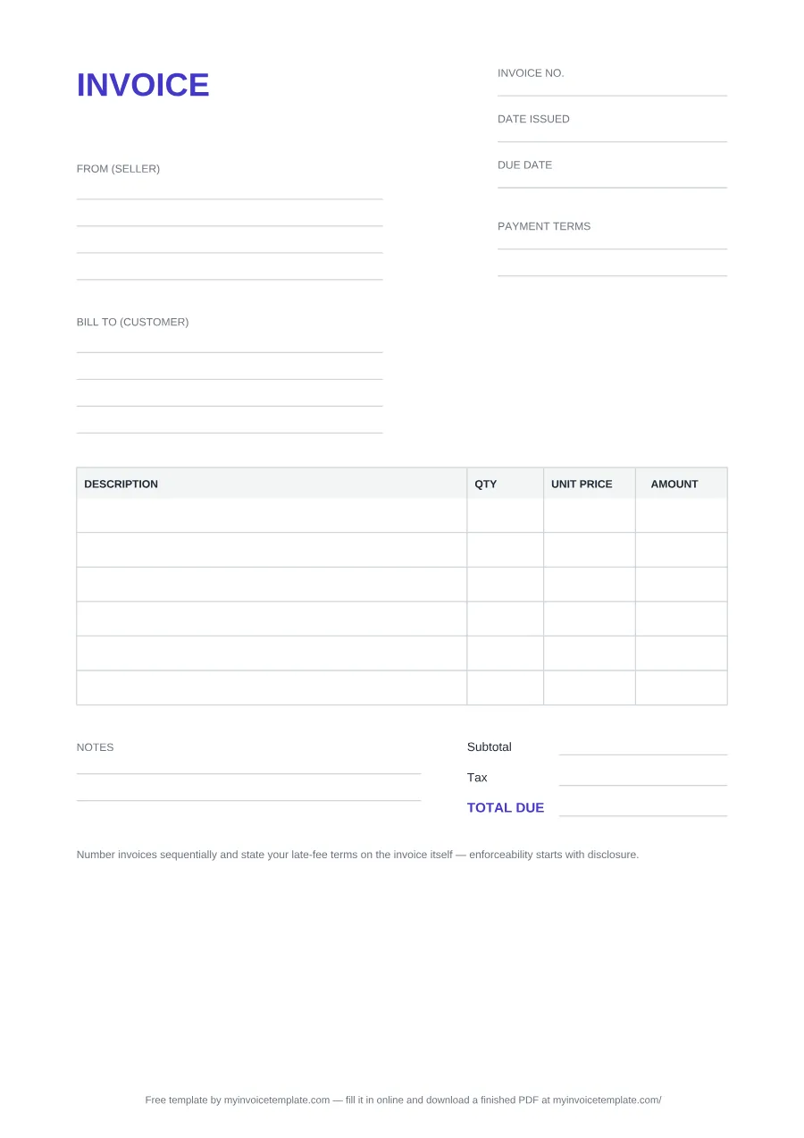 Blank invoice template, page 1 of the PDF: Invoice no., Date issued, Due date and Payment terms fields, From (seller) and Bill to (customer) blocks, a Description / Qty / Unit price / Amount table, Notes, then Subtotal, Tax and Total due
