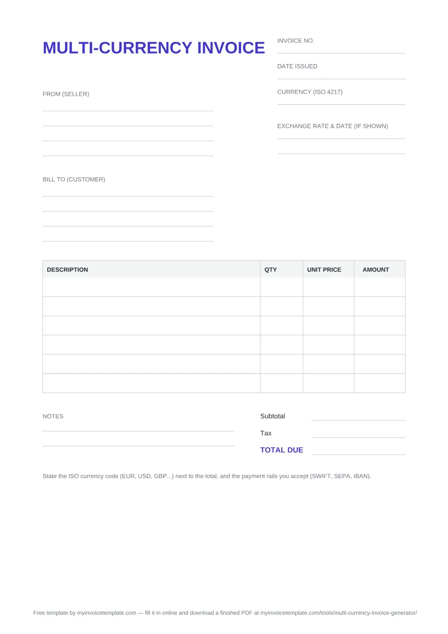Blank multi-currency invoice template, page 1 of the PDF: Invoice no., Date issued, Currency (ISO 4217) and Exchange rate & date fields, From (seller) and Bill to (customer) blocks, a Description / Qty / Unit price / Amount table, Notes, then Subtotal, Tax and Total due