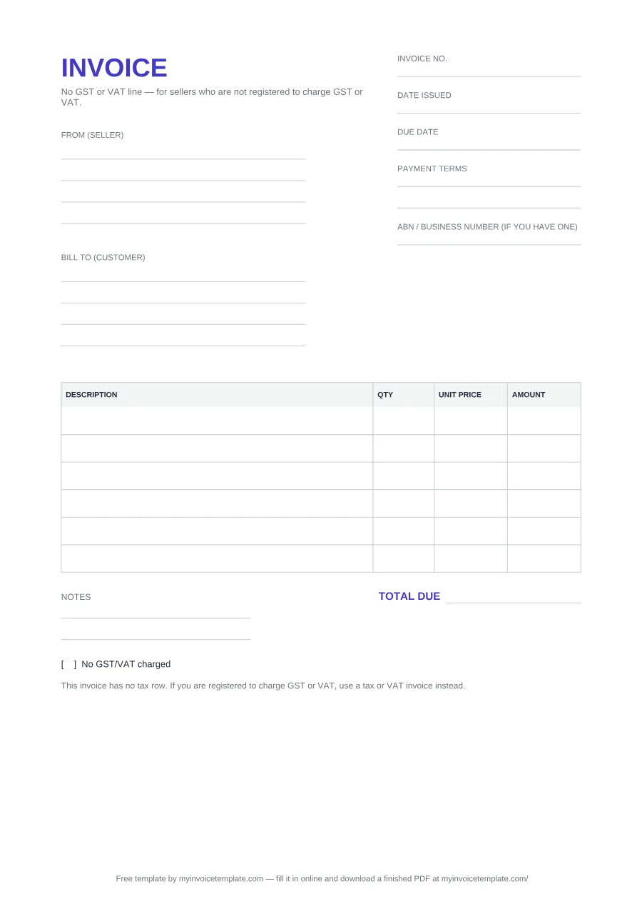 Blank non-GST invoice template, page 1 of the PDF: Invoice no., Date issued, Due date, Payment terms and ABN / business number fields, From (seller) and Bill to (customer) blocks, an item table, a Total due line with no tax row, and a No GST/VAT charged tick box
