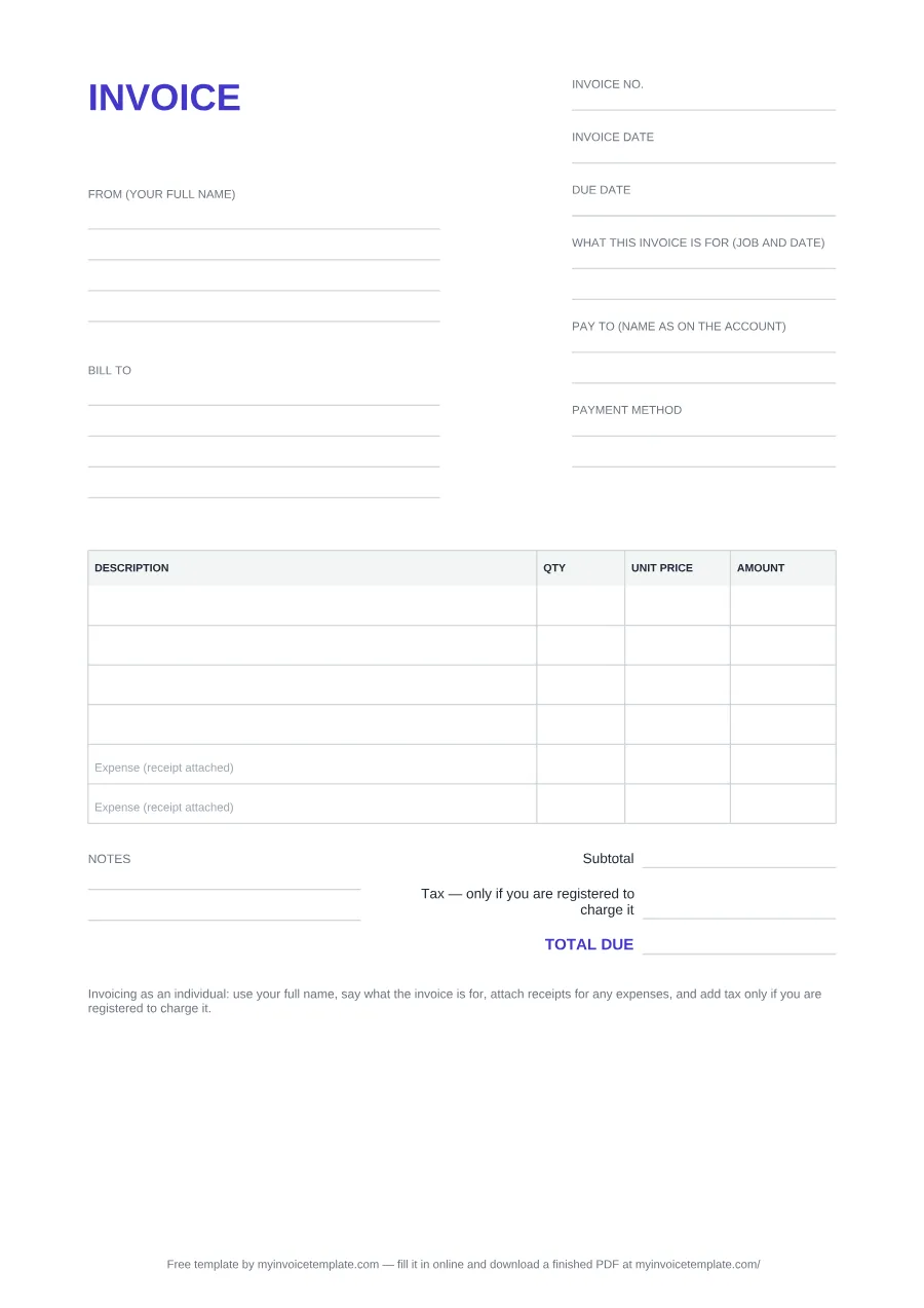 Blank personal invoice template, page 1 of the PDF: From (your full name) and Bill to blocks, Invoice no., Invoice date, Due date, What this invoice is for, Pay to and Payment method fields, an item table with two Expense (receipt attached) rows, then Subtotal, Tax (only if you are registered to charge it) and Total due