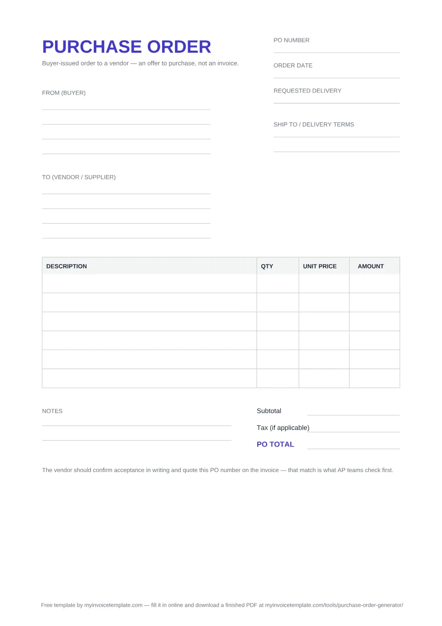 Blank purchase order template, page 1 of the PDF: PO number, Order date, Requested delivery and Ship to / delivery terms fields, From (buyer) and To (vendor / supplier) blocks, a Description / Qty / Unit price / Amount table, then Subtotal, Tax (if applicable) and PO total