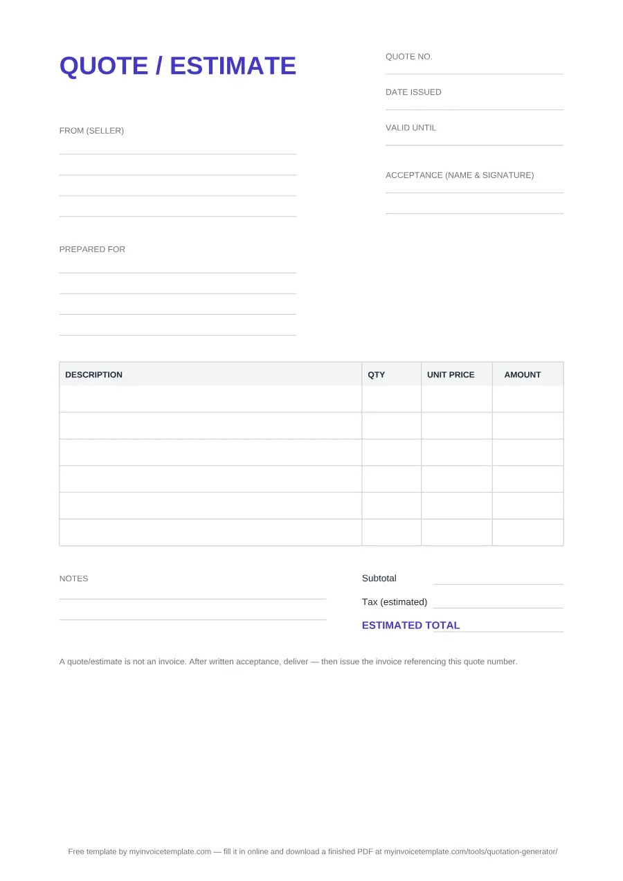 Blank quote / estimate template, page 1 of the PDF: Quote no., Date issued, Valid until and Acceptance (name & signature) fields, From (seller) and Prepared for blocks, a Description / Qty / Unit price / Amount table, then Subtotal, Tax (estimated) and Estimated total
