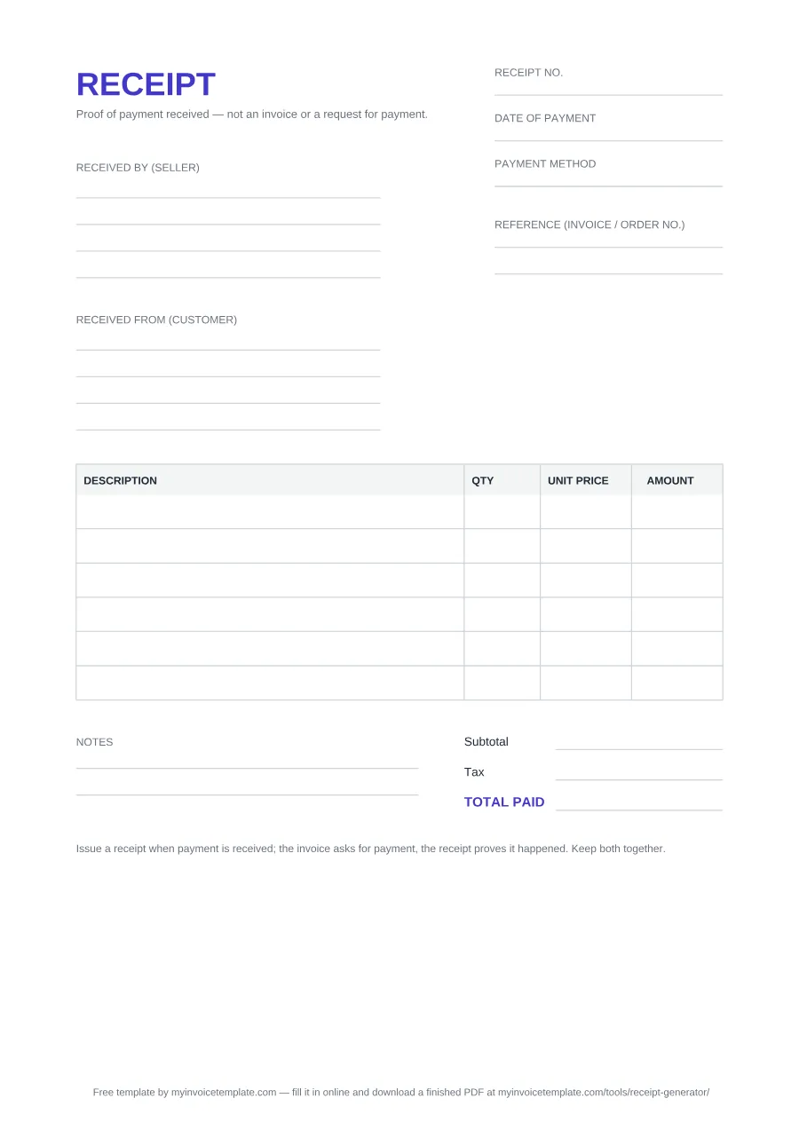 Blank receipt template, page 1 of the PDF: Receipt no., Date of payment, Payment method and Reference (invoice / order no.) fields, Received by (seller) and Received from (customer) blocks, a Description / Qty / Unit price / Amount table, then Subtotal, Tax and Total paid