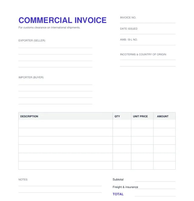 Example of a commercial invoice: our blank commercial invoice template with Exporter (seller), Importer (buyer), AWB / B-L no., Incoterms and country of origin, an item table, Freight & insurance and TOTAL