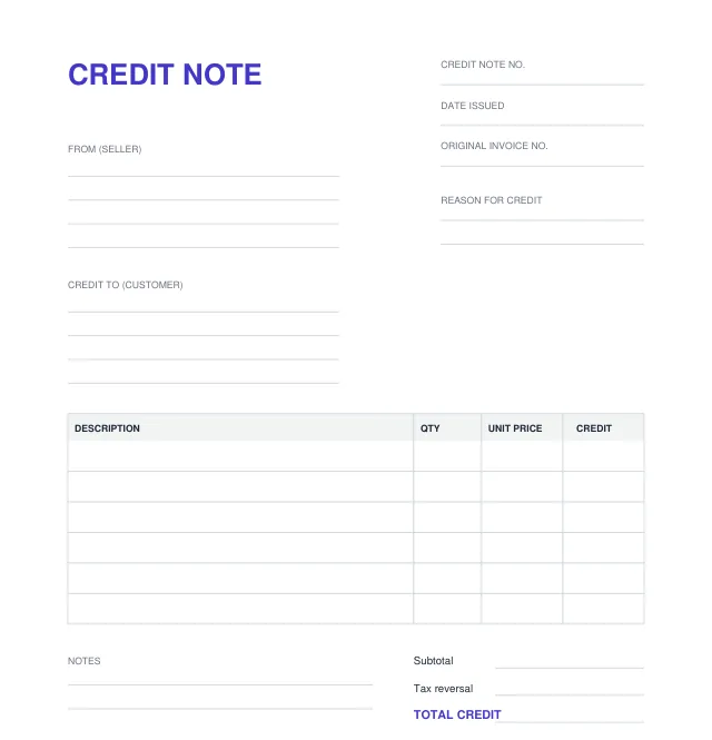 Example of a credit note: our blank credit note template with Credit note no., Original invoice no., Reason for credit, Credit to (customer), a Credit column, Tax reversal and TOTAL CREDIT