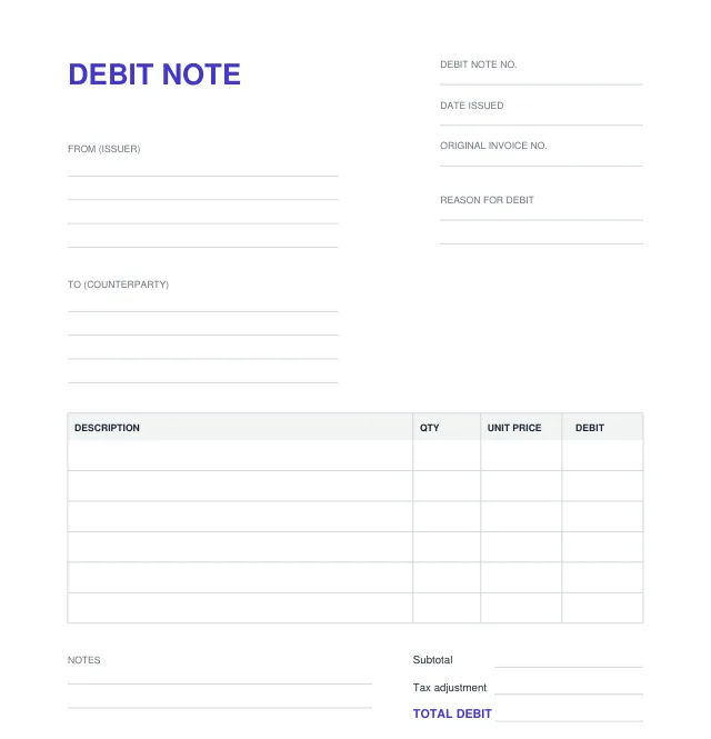 Example of a debit note: our blank debit note template with Debit note no., Original invoice no., Reason for debit, From (issuer), To (counterparty), a Debit column, Tax adjustment and TOTAL DEBIT