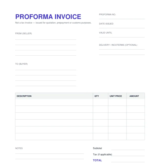 Example of a proforma invoice: our blank proforma template headed Proforma invoice, with the line Not a tax invoice, a Proforma no., Valid until date, Delivery / Incoterms and a TOTAL