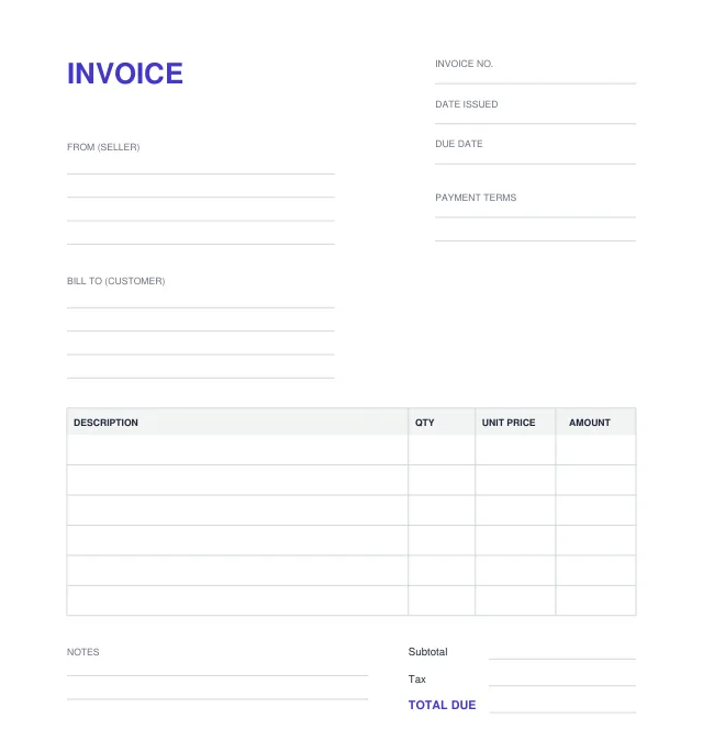 Example of a standard invoice: our blank invoice template with Invoice no., Date issued, Due date, Payment terms, From (seller), Bill to (customer), a Description / Qty / Unit price / Amount table, Notes, Subtotal, Tax and TOTAL DUE