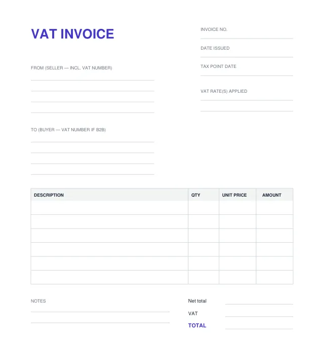 Example of a VAT invoice: our blank VAT invoice template with a Tax point date, the seller’s VAT number, the buyer’s VAT number if B2B, VAT rate(s) applied, Net total, VAT and TOTAL