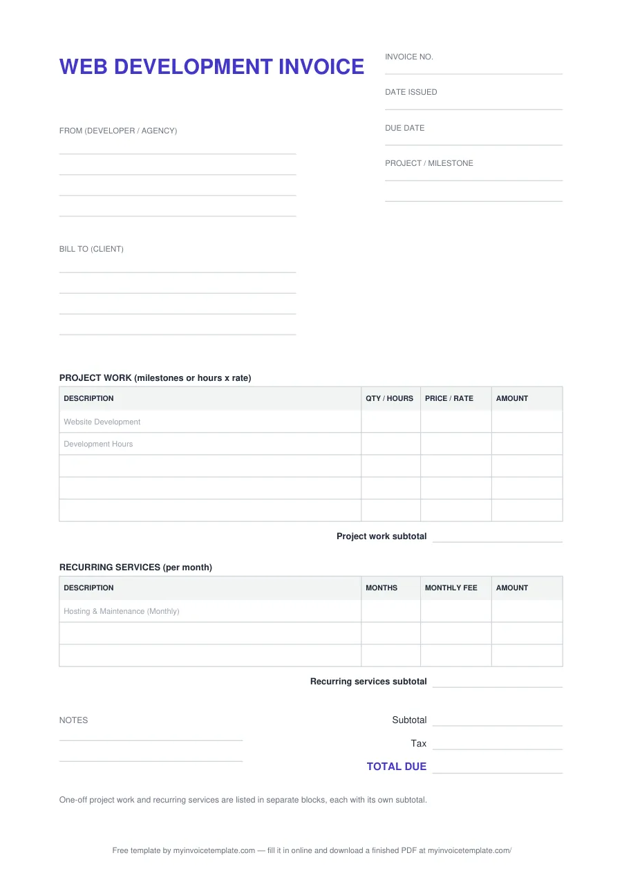 Blank web development invoice template, page 1 of the PDF: Invoice no., Date issued, Due date and Project / milestone fields, From (developer / agency) and Bill to (client) blocks, a Project work table with grey hints Website Development and Development Hours, a Recurring services table with the hint Hosting & Maintenance (Monthly), both with subtotals, then Subtotal, Tax and TOTAL DUE